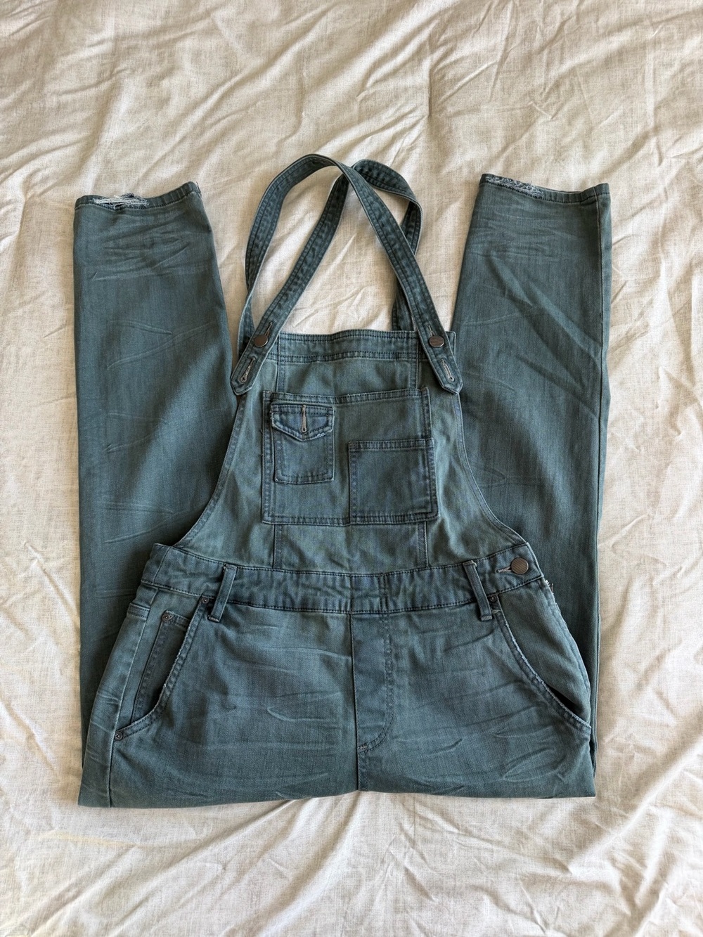 Free People Blue Denim Straight Leg Distressed Overalls (29)